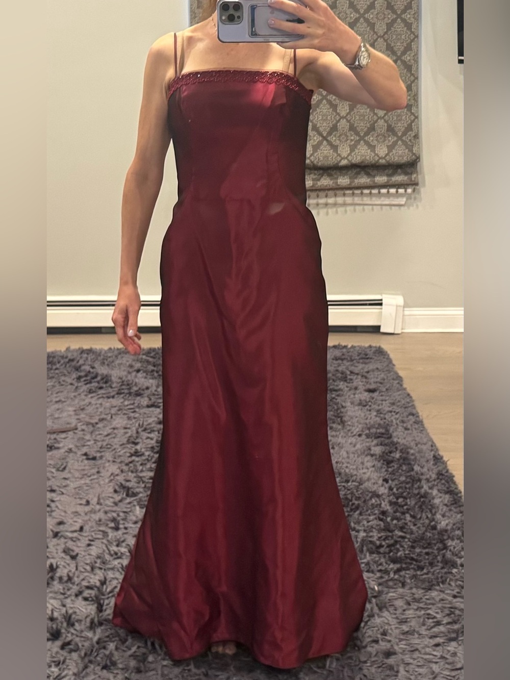 Burgundy Satin Slip Dress Beaded Strappy Formal Gown Size 12